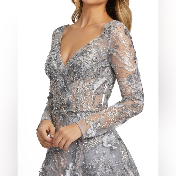 Mac Duggal 20214 Long Sleeve Beaded Appliqué Gown NWT Grey Multi - Picture 4 of 8
